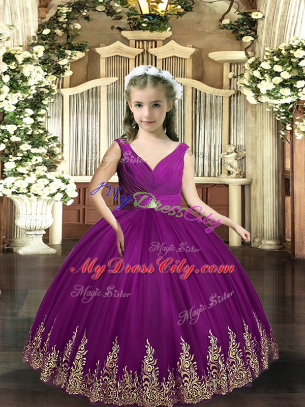 Sleeveless Tulle Floor Length Backless Kids Pageant Dress in Eggplant Purple with Embroidery