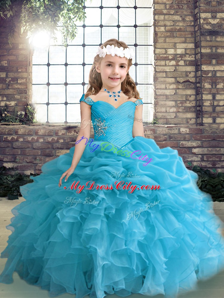 Blue Straps Lace Up Beading and Ruffles and Pick Ups Little Girl Pageant Gowns Sleeveless