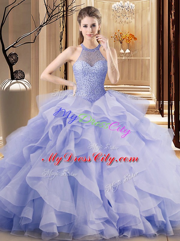 Top Selling Organza Sleeveless 15th Birthday Dress Brush Train and Ruffles