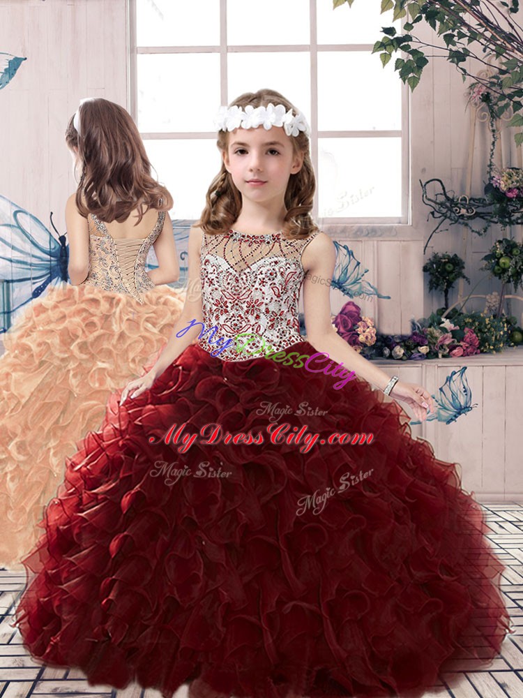 Beading and Ruffles Pageant Dress for Girls Burgundy Lace Up Sleeveless Floor Length