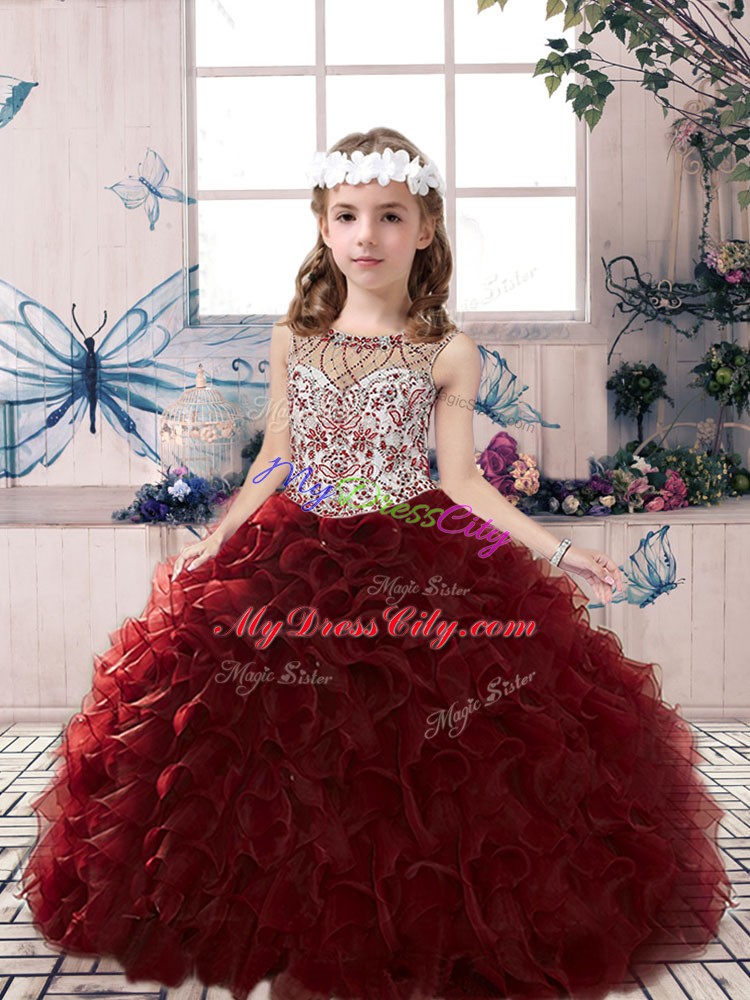 Beading and Ruffles Pageant Dress for Girls Burgundy Lace Up Sleeveless Floor Length