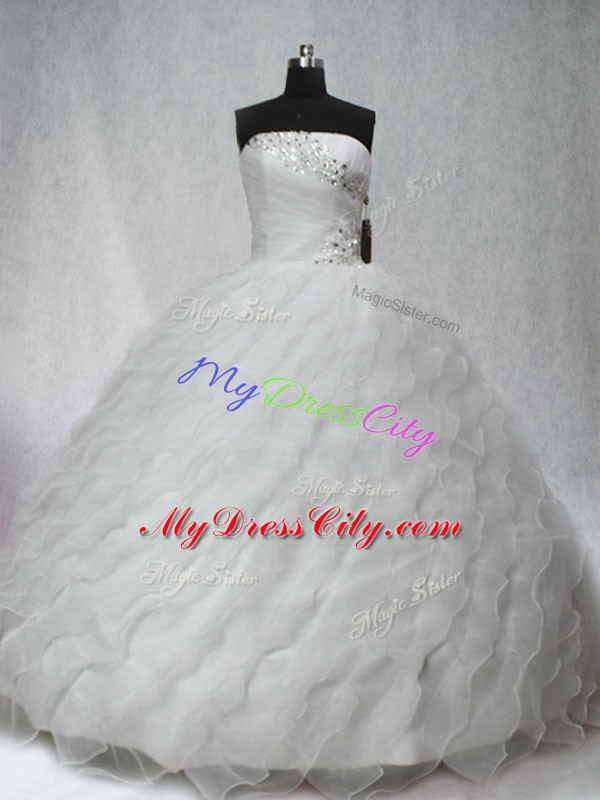 Custom Made White Sweet 16 Dress Strapless Sleeveless Brush Train Lace Up