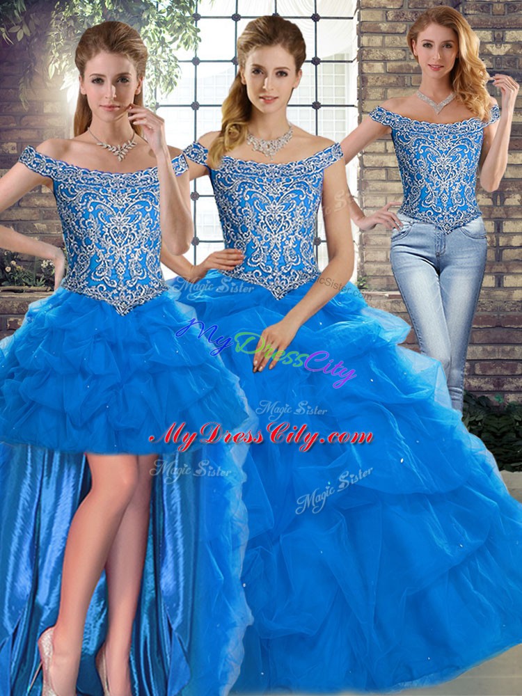 High Quality Blue Quinceanera Gowns Tulle Brush Train Sleeveless Beading and Pick Ups