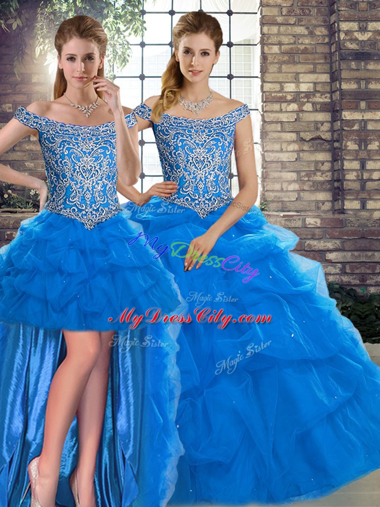 High Quality Blue Quinceanera Gowns Tulle Brush Train Sleeveless Beading and Pick Ups