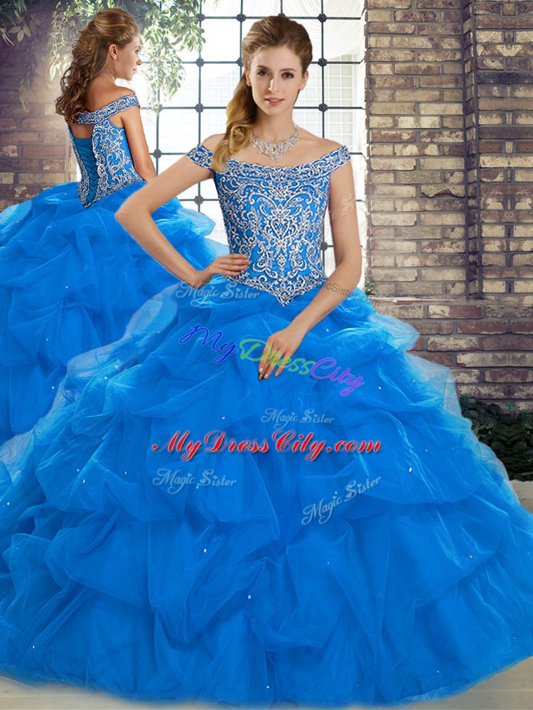 High Quality Blue Quinceanera Gowns Tulle Brush Train Sleeveless Beading and Pick Ups