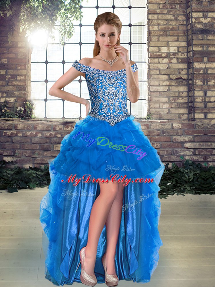 High Quality Blue Quinceanera Gowns Tulle Brush Train Sleeveless Beading and Pick Ups