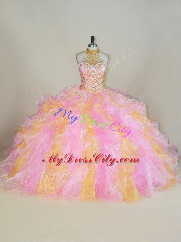 Suitable Multi-color Ball Gowns Halter Top Sleeveless Organza Floor Length Lace Up Beading and Ruffles Quinceanera Gowns