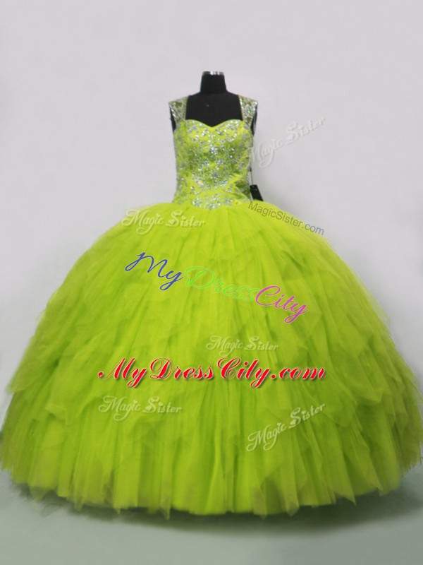 Free and Easy Straps Sleeveless Tulle Sweet 16 Quinceanera Dress Beading and Ruffles Lace Up