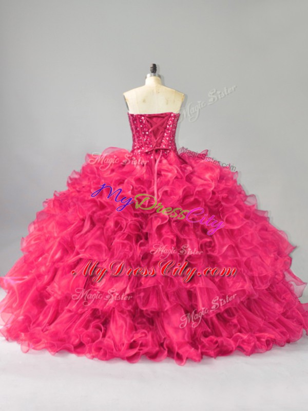 Latest Sweetheart Sleeveless Organza Vestidos de Quinceanera Beading and Ruffles Lace Up