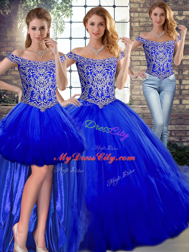 Cheap Sleeveless Floor Length Beading and Ruffles Lace Up Sweet 16 Dresses with Royal Blue