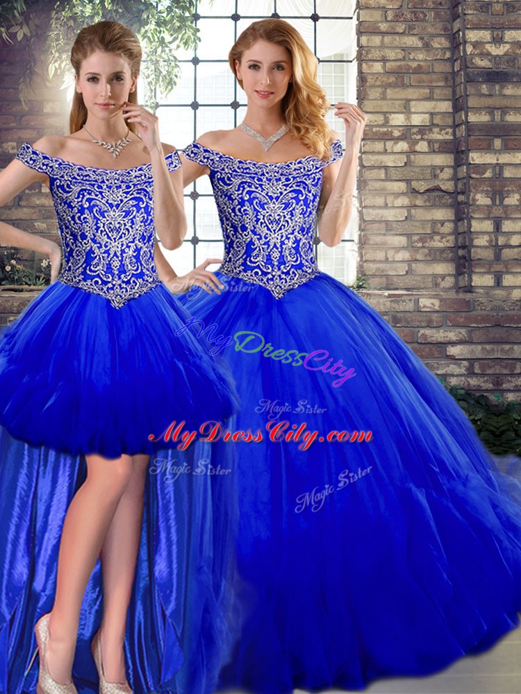 Cheap Sleeveless Floor Length Beading and Ruffles Lace Up Sweet 16 Dresses with Royal Blue