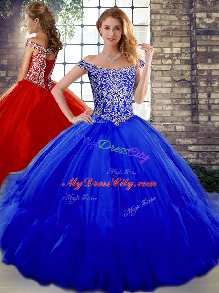 Cheap Sleeveless Floor Length Beading and Ruffles Lace Up Sweet 16 Dresses with Royal Blue