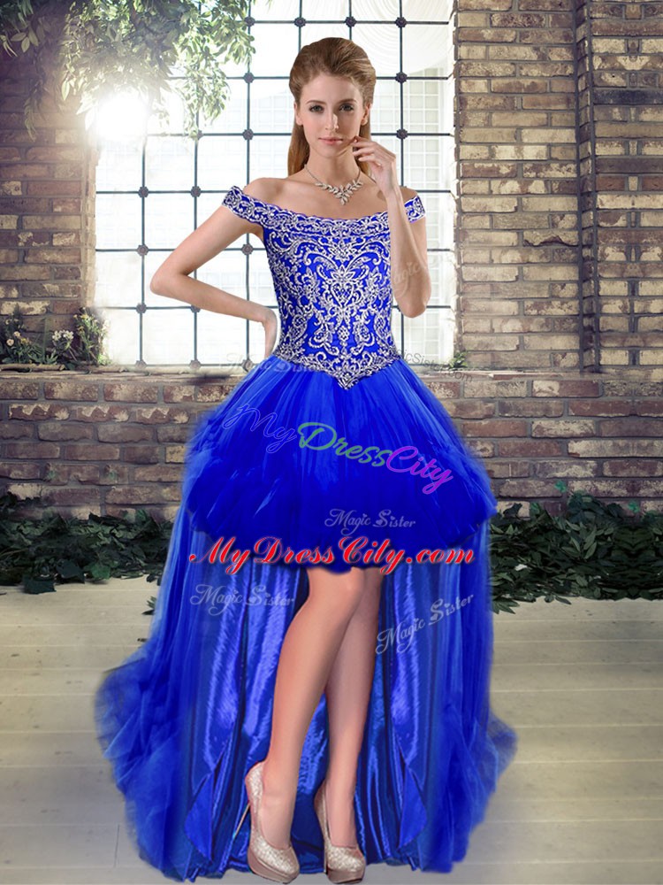 Cheap Sleeveless Floor Length Beading and Ruffles Lace Up Sweet 16 Dresses with Royal Blue