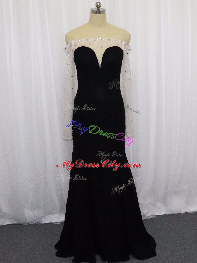 Black Off The Shoulder Neckline Beading Prom Dress Long Sleeves Zipper