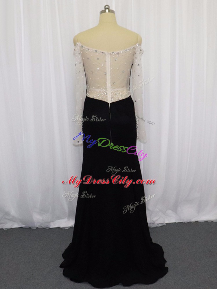 Black Off The Shoulder Neckline Beading Prom Dress Long Sleeves Zipper