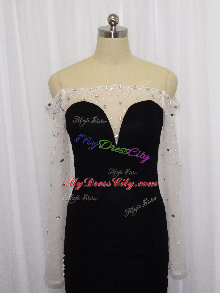 Black Off The Shoulder Neckline Beading Prom Dress Long Sleeves Zipper