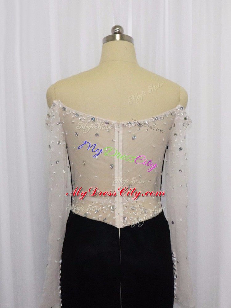 Black Off The Shoulder Neckline Beading Prom Dress Long Sleeves Zipper