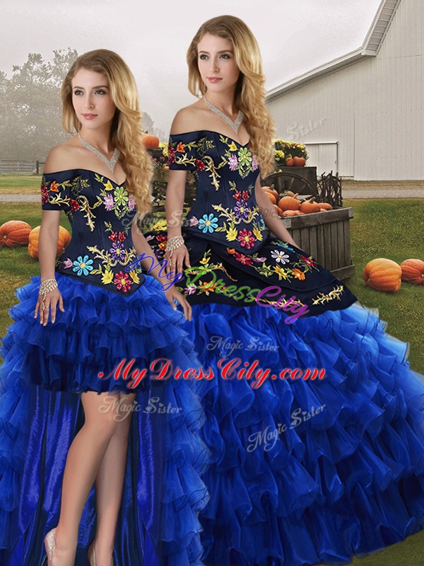 Off The Shoulder Sleeveless Lace Up Quinceanera Dresses Blue And Black Organza