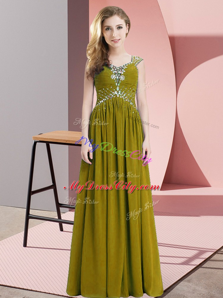 Ideal Olive Green Empire Chiffon Straps Cap Sleeves Beading and Ruching Floor Length Lace Up Dress for Prom