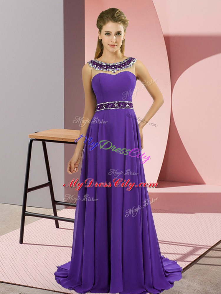 Chic Chiffon Scoop Sleeveless Brush Train Zipper Beading Prom Gown in Purple