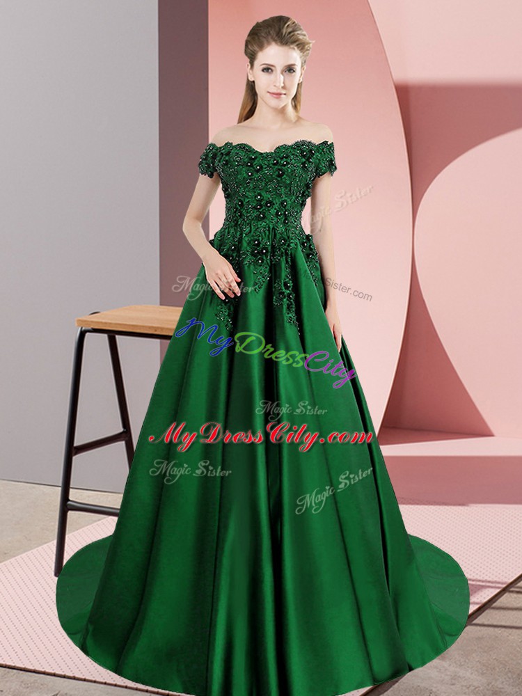 Romantic Dark Green Sleeveless Satin Court Train Zipper Quinceanera Gowns for Sweet 16 and Quinceanera