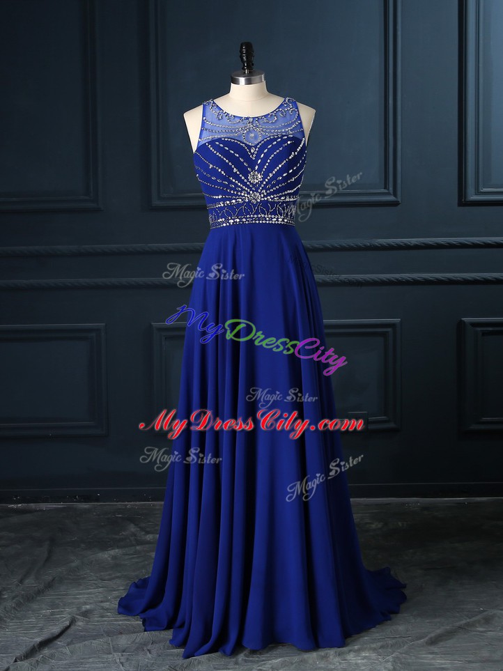 Edgy Chiffon Sleeveless Prom Dresses Brush Train and Beading