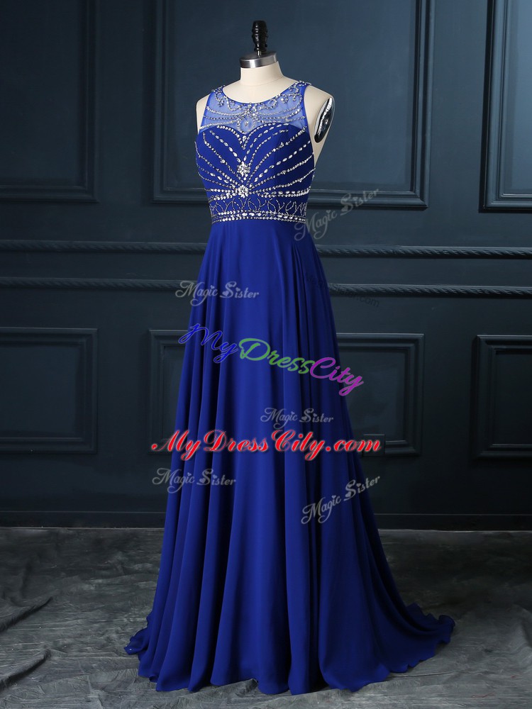 Edgy Chiffon Sleeveless Prom Dresses Brush Train and Beading