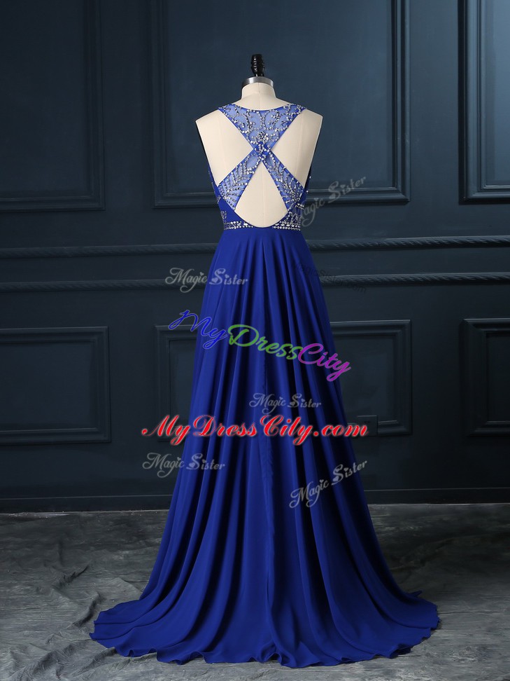 Edgy Chiffon Sleeveless Prom Dresses Brush Train and Beading