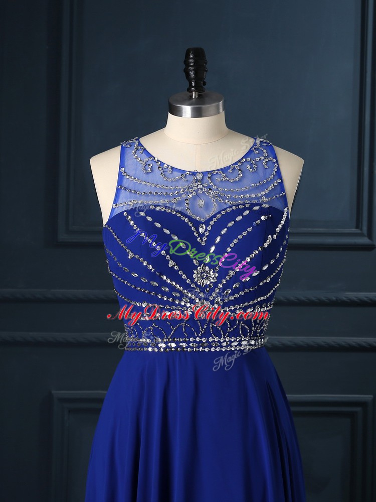 Edgy Chiffon Sleeveless Prom Dresses Brush Train and Beading