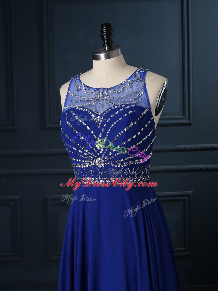 Edgy Chiffon Sleeveless Prom Dresses Brush Train and Beading