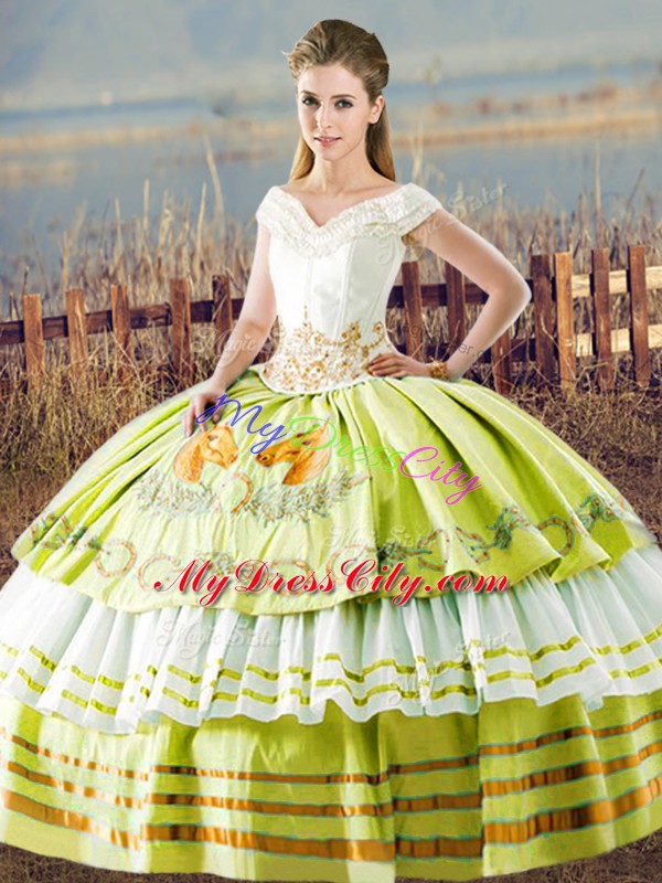 Yellow Green V-neck Lace Up Embroidery and Ruffled Layers Ball Gown Prom Dress Sleeveless