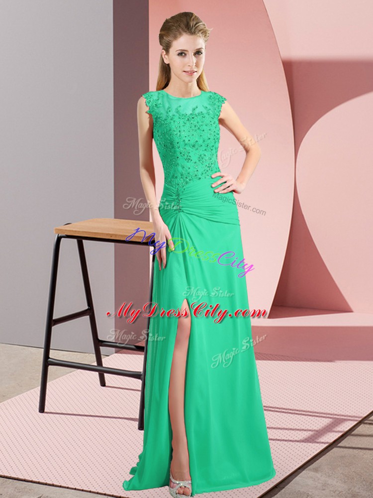 Custom Design Chiffon Scoop Sleeveless Zipper Beading Prom Dress in Turquoise