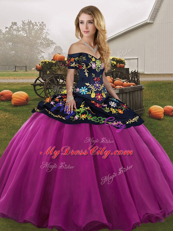 Fantastic Sleeveless Tulle Floor Length Lace Up Quinceanera Dress in Fuchsia with Embroidery