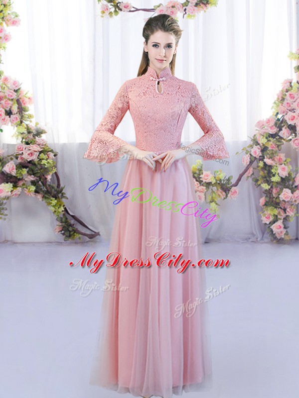 Elegant High-neck 3 4 Length Sleeve Tulle Bridesmaid Gown Lace Zipper