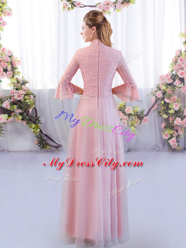 Elegant High-neck 3 4 Length Sleeve Tulle Bridesmaid Gown Lace Zipper