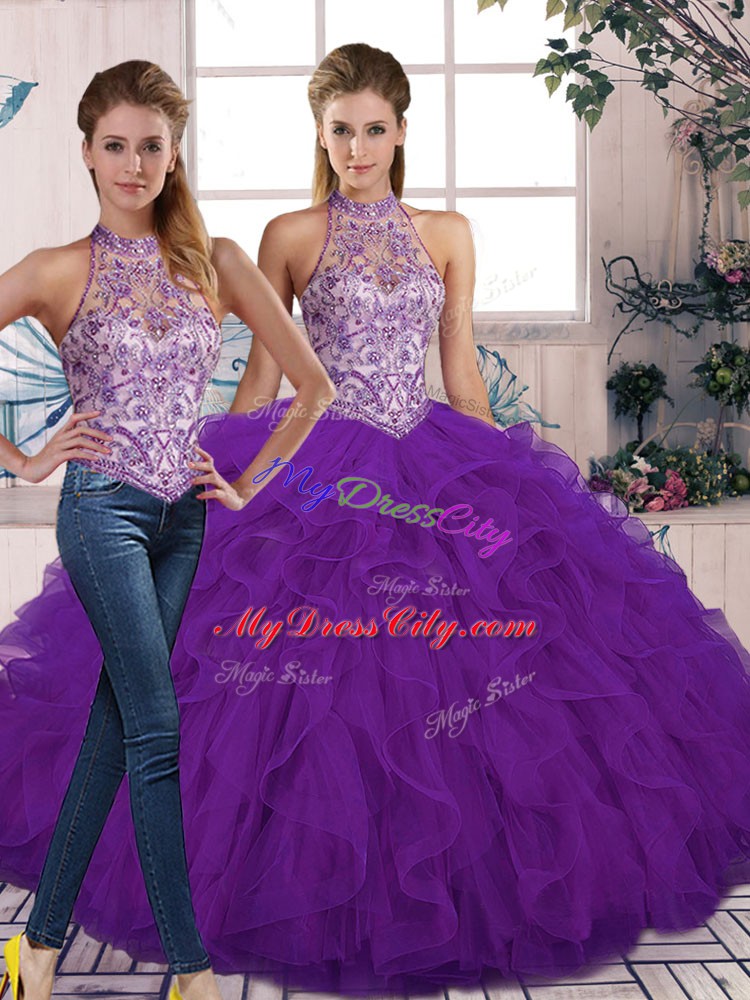 Gorgeous Purple Quinceanera Gown Military Ball and Sweet 16 and Quinceanera with Beading and Ruffles Halter Top Sleeveless Lace Up