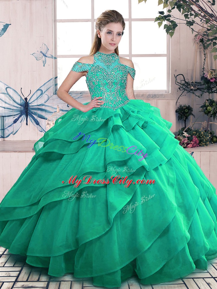 Turquoise High-neck Neckline Beading and Ruffles Quinceanera Gowns Sleeveless Lace Up