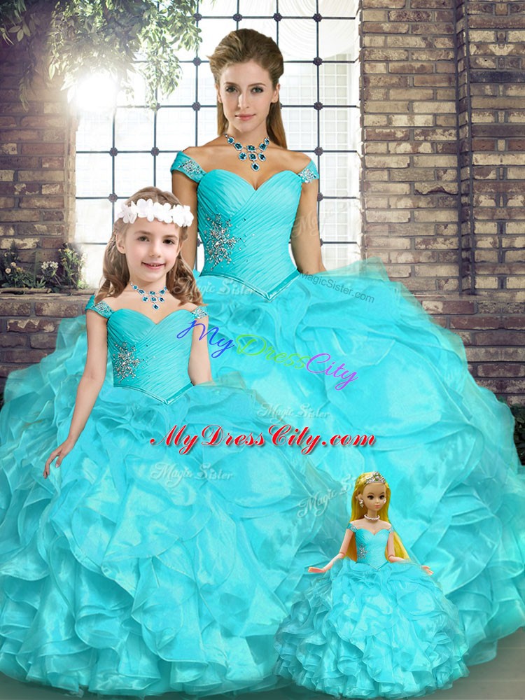 Aqua Blue Ball Gowns Beading and Ruffles Vestidos de Quinceanera Lace Up Organza Sleeveless Floor Length