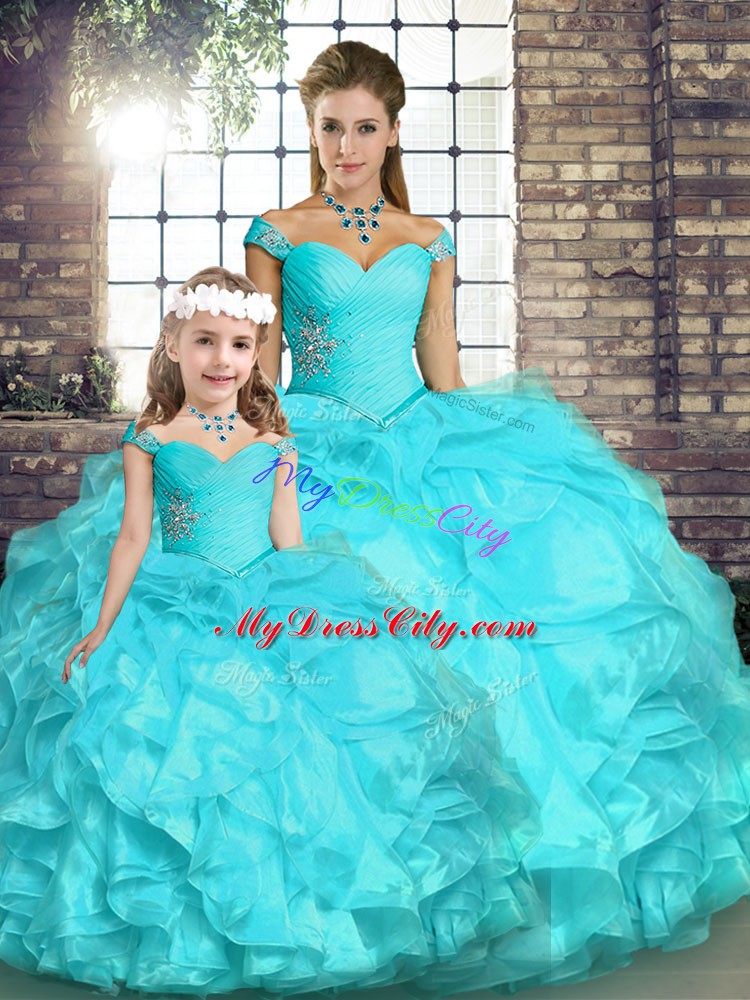 Aqua Blue Ball Gowns Beading and Ruffles Vestidos de Quinceanera Lace Up Organza Sleeveless Floor Length