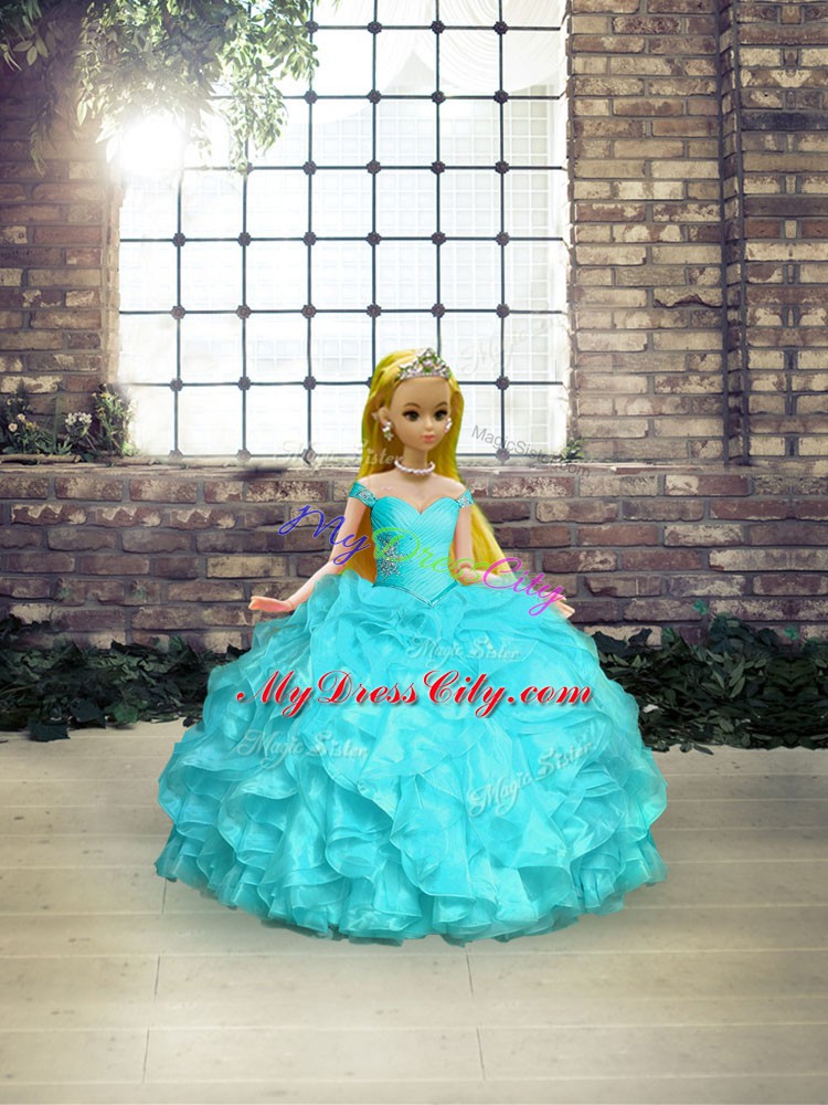 Aqua Blue Ball Gowns Beading and Ruffles Vestidos de Quinceanera Lace Up Organza Sleeveless Floor Length