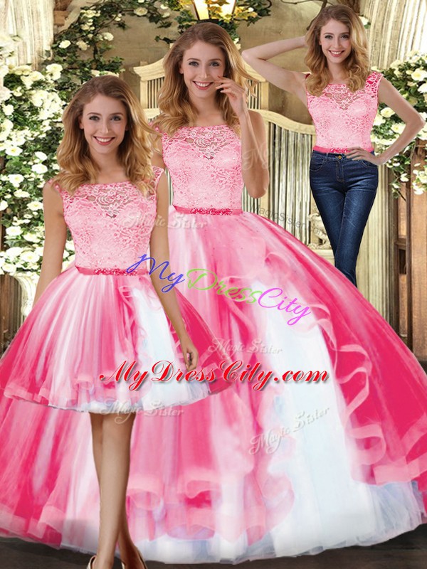 Trendy Scoop Sleeveless Tulle 15 Quinceanera Dress Lace and Ruffles Clasp Handle