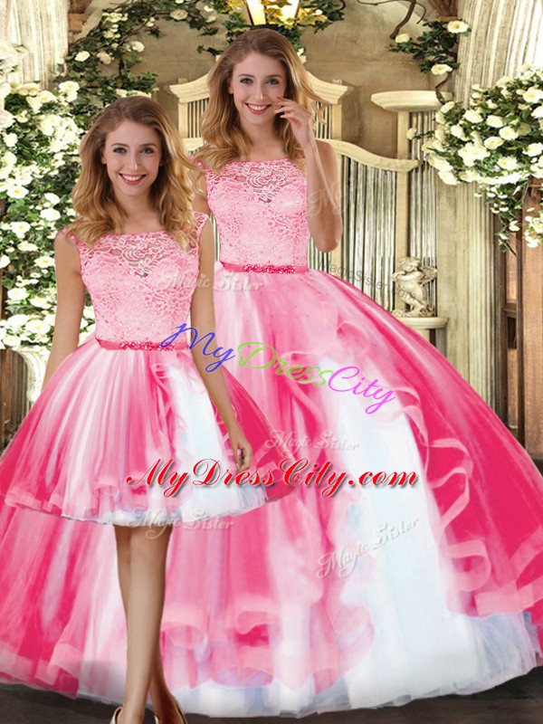 Trendy Scoop Sleeveless Tulle 15 Quinceanera Dress Lace and Ruffles Clasp Handle