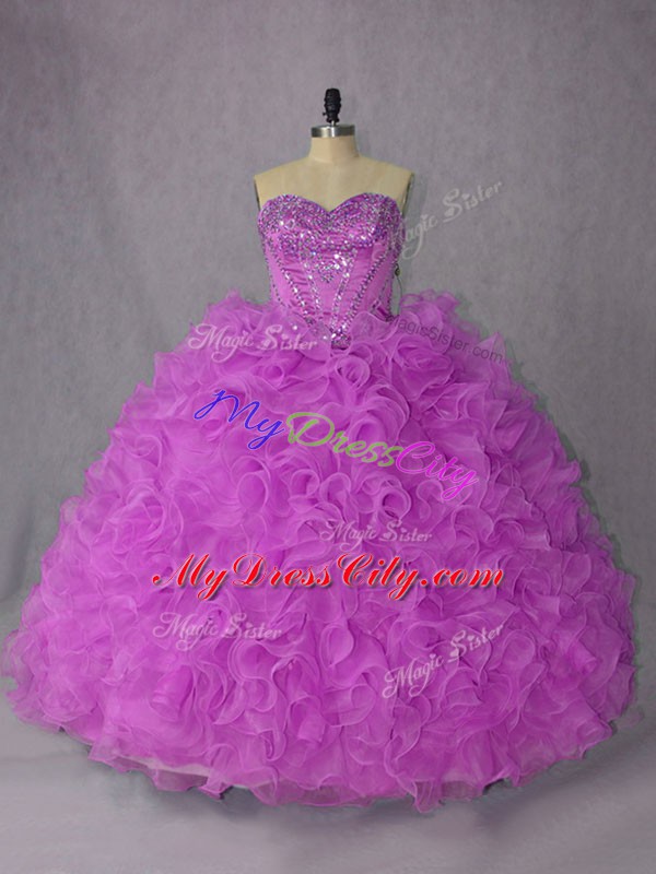 Lilac Ball Gowns Organza Sweetheart Sleeveless Beading Floor Length Lace Up Sweet 16 Quinceanera Dress