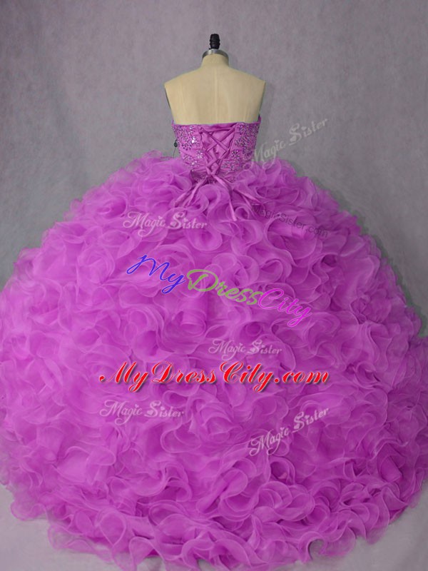 Lilac Ball Gowns Organza Sweetheart Sleeveless Beading Floor Length Lace Up Sweet 16 Quinceanera Dress