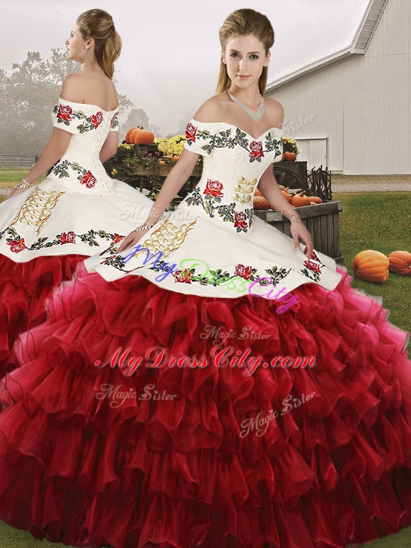 Graceful Floor Length Wine Red 15 Quinceanera Dress Off The Shoulder Sleeveless Lace Up