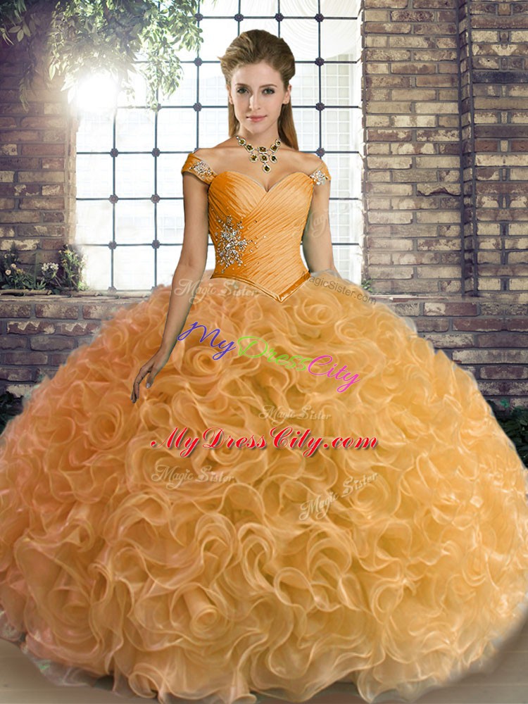 Best Selling Fabric With Rolling Flowers Off The Shoulder Sleeveless Lace Up Beading Sweet 16 Dresses in Gold