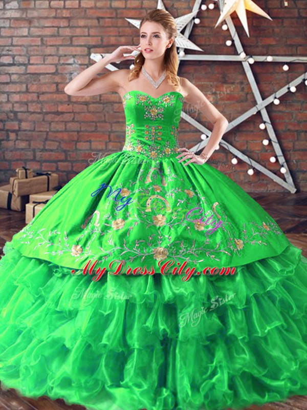 Artistic Green Organza Lace Up Sweetheart Sleeveless Floor Length 15 Quinceanera Dress Embroidery