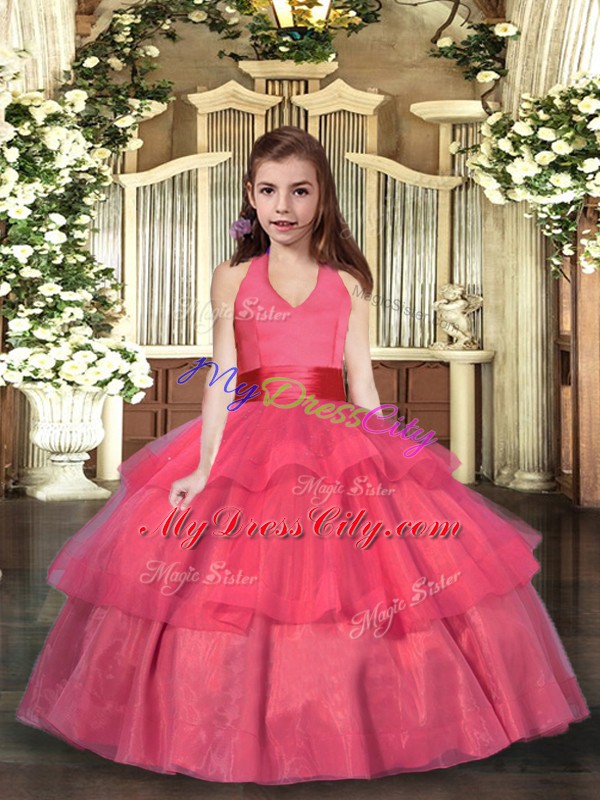 Halter Top Sleeveless Lace Up Pageant Dress for Teens Coral Red Organza