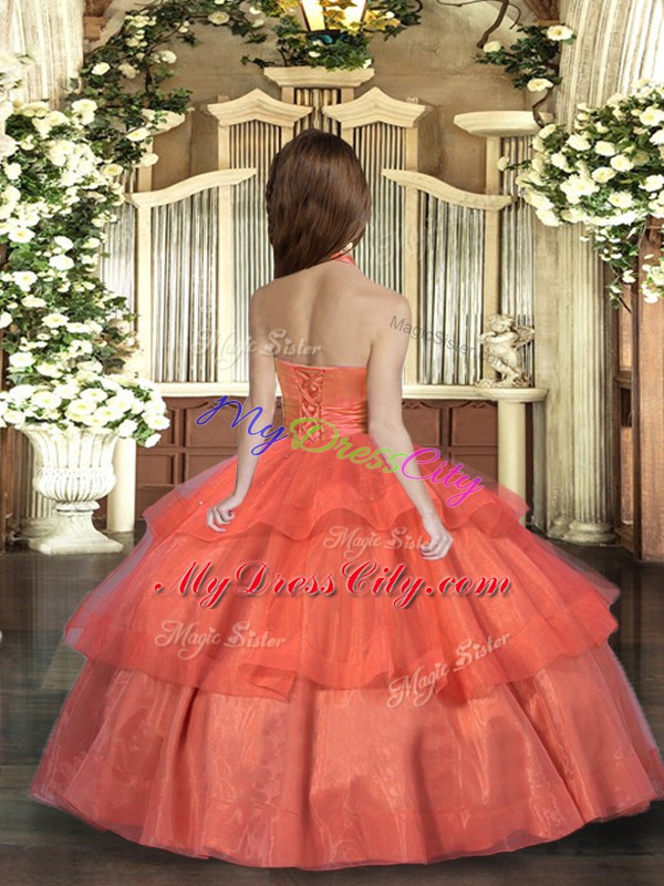 Halter Top Sleeveless Lace Up Pageant Dress for Teens Coral Red Organza