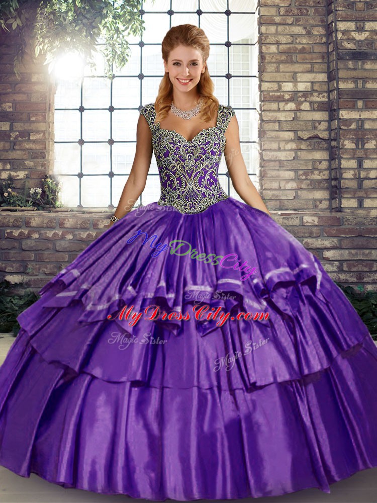 Lovely Purple Taffeta Lace Up Straps Sleeveless Floor Length Sweet 16 Dress Beading and Ruffled Layers